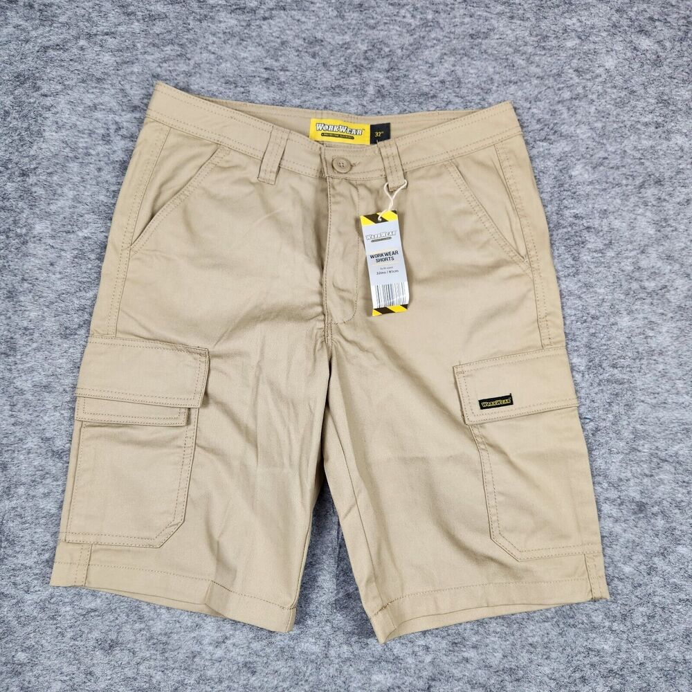 WorkWear Shorts Men 32 Khaki‎ Cargo Pockets Outdoor Casual Utility 10 Inseam